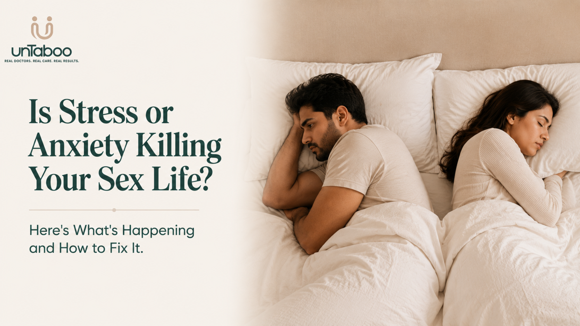Couple lying back-to-back in bed due to stress and anxiety affecting intimacy and sex life